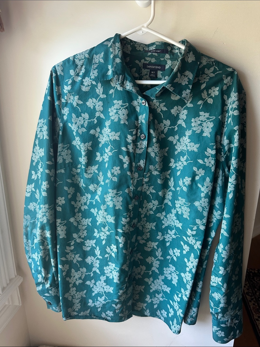 Lands' End Teal Floral Button-Up Shirt - Women’s